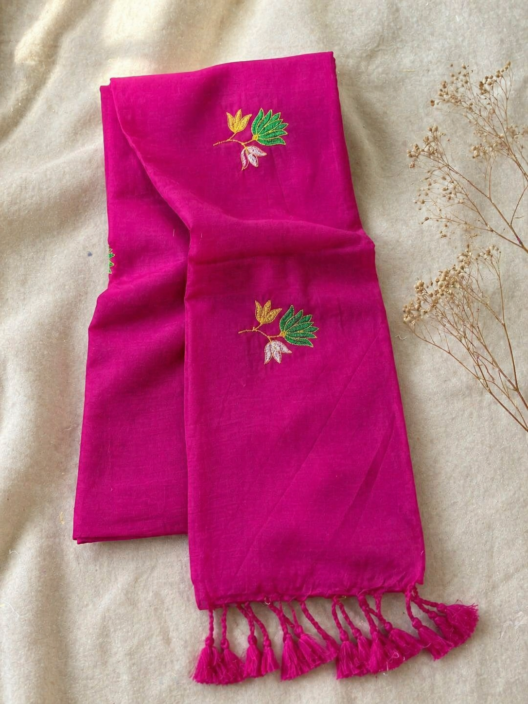 Khadi lotus embroidery saree -  Pink