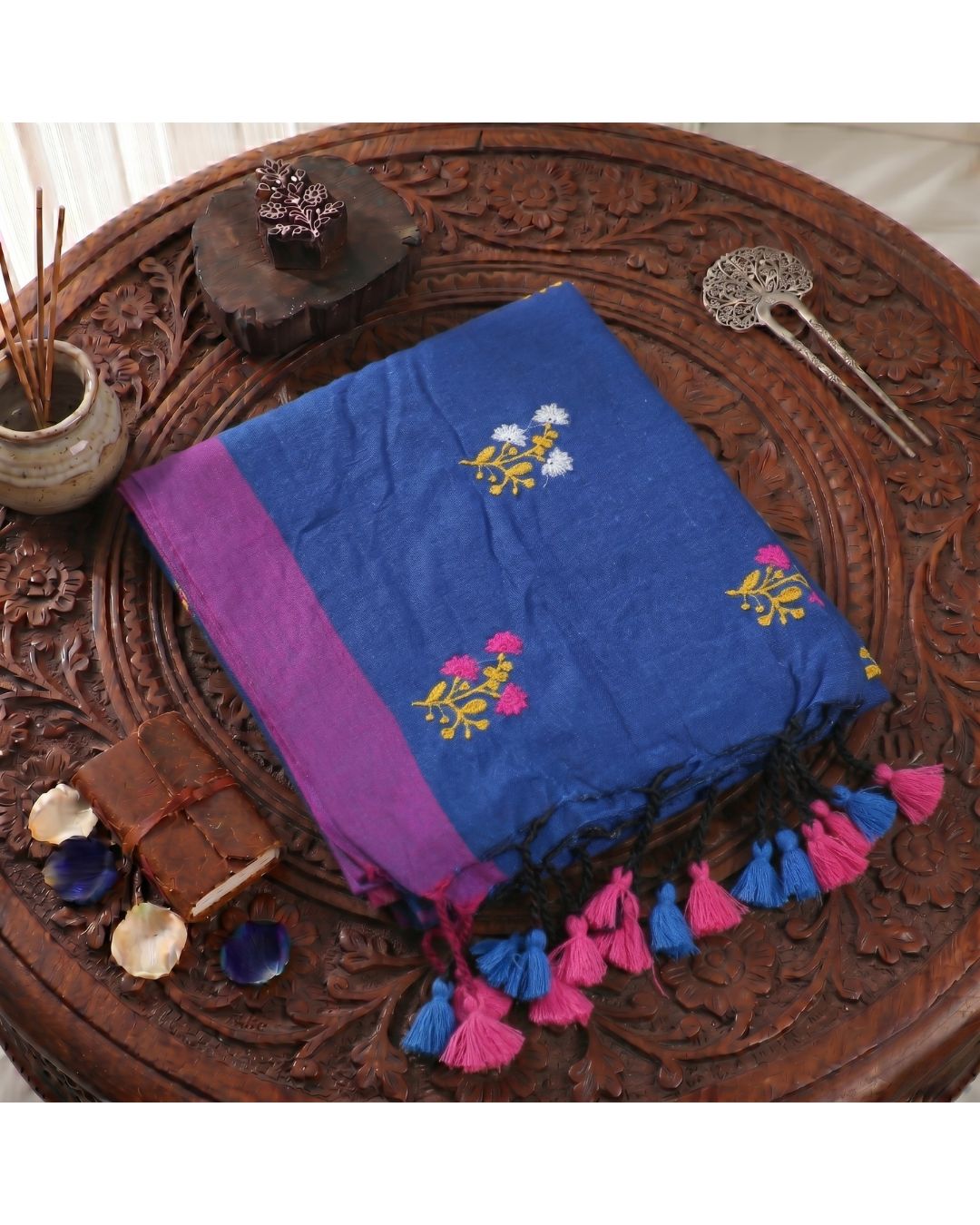 Khadi Boquete Embroidery With Border - Teal Blue