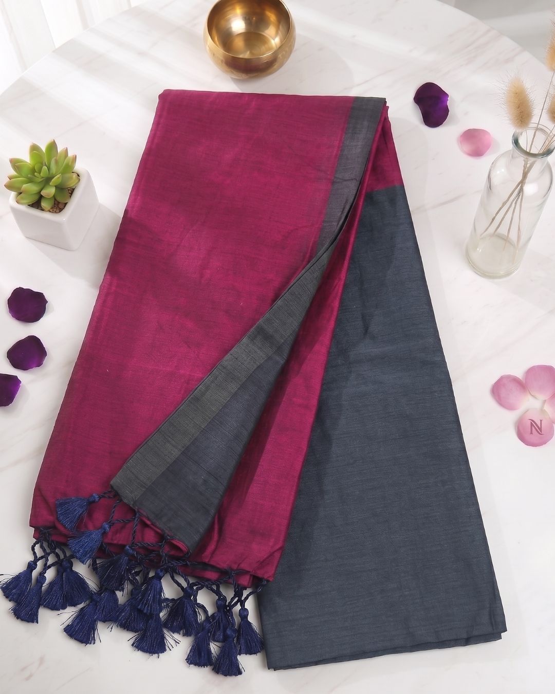 Khadi Contrast Saree - Ash (w) Pink