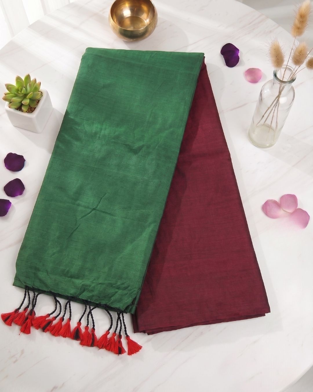 Khadi Contrast Saree - Green (w) Maroon