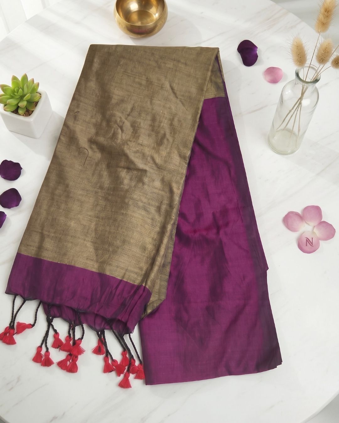 Khadi Contrast Saree - Maroon (w) Gold