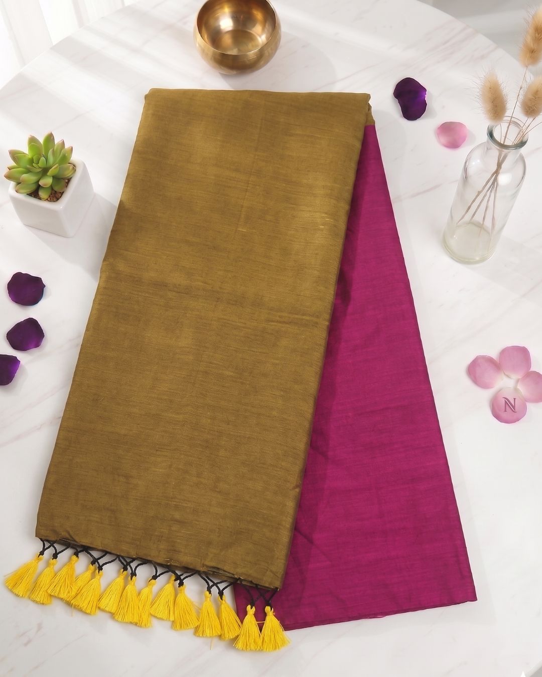 Khadi Contrast Saree - Pink (w) Yellow