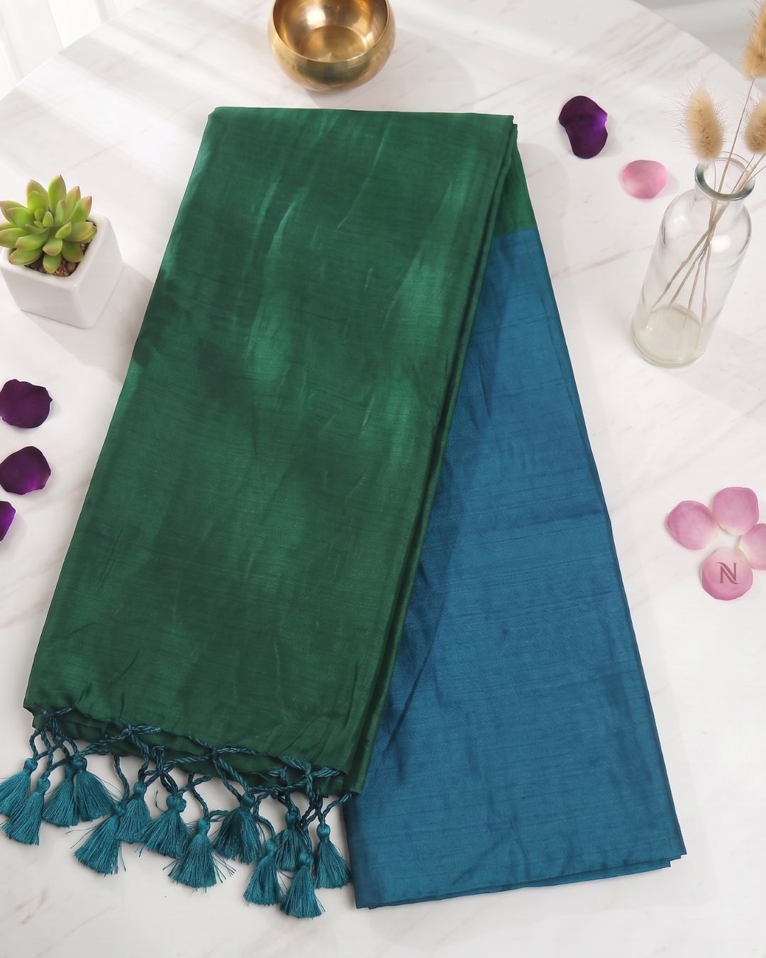 Khadi Contrast Saree - Teal blue (w) Green
