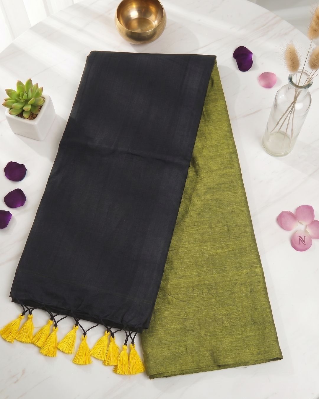 Khadi Contrast Saree - Yellow (w) Black