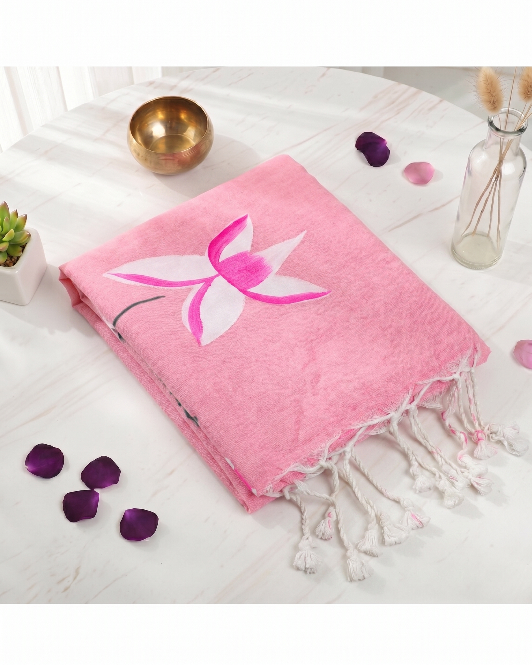Khadi Lotus Hand Paint Saree - Baby Pink