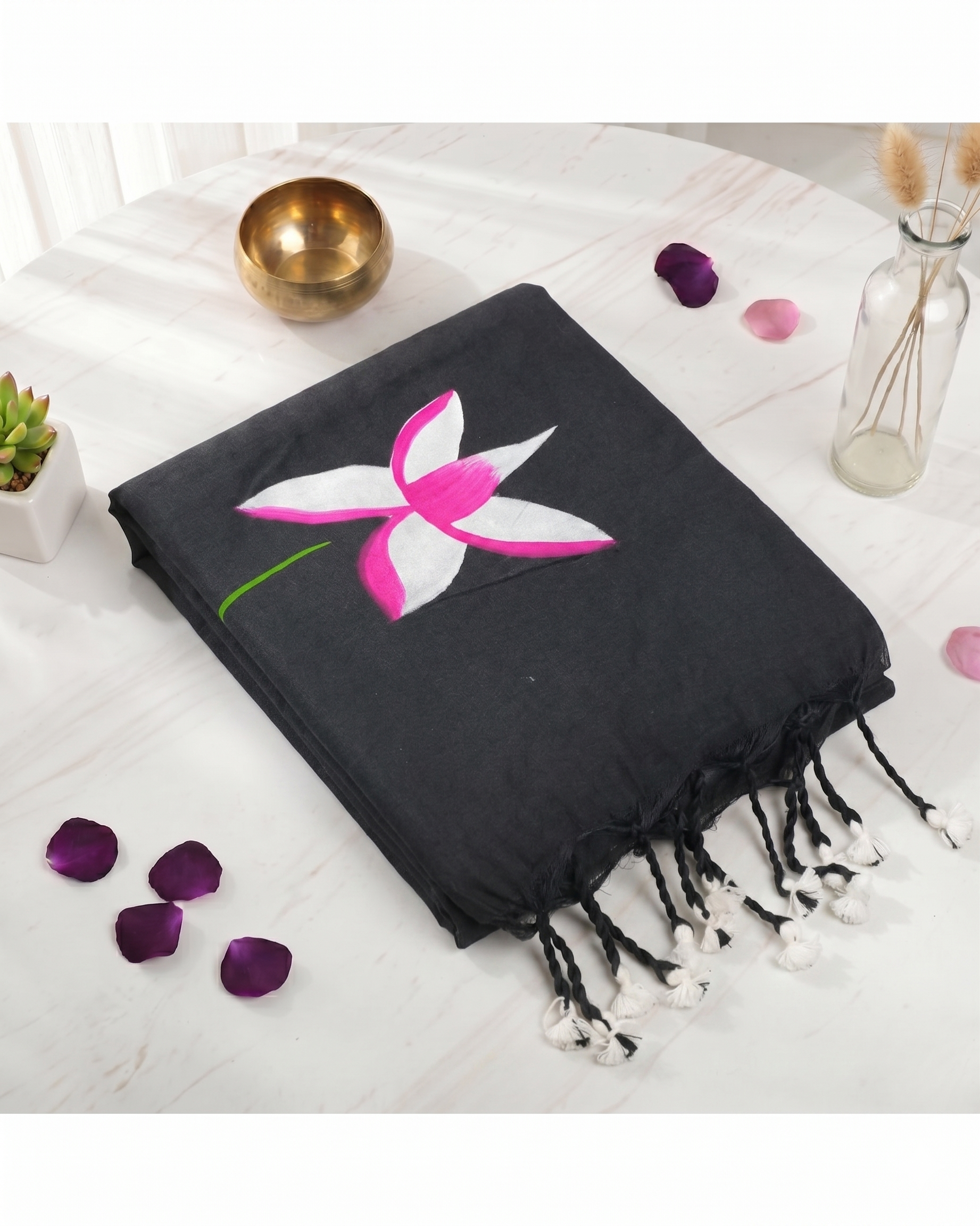 Khadi Lotus Hand Paint Saree - Black