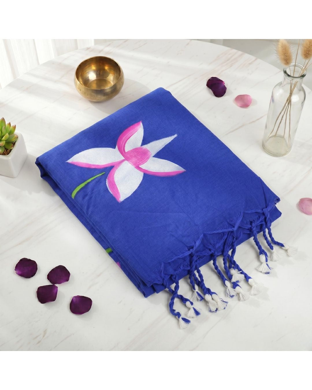 Khadi Lotus Hand Paint Saree - Blue
