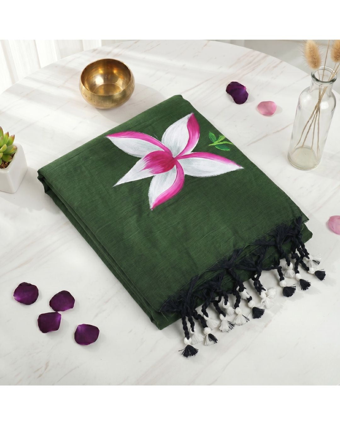 Khadi Lotus Hand Paint Saree - Bottle Green