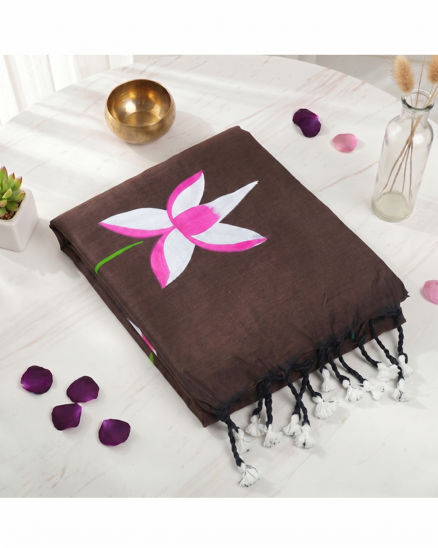 Khadi Lotus Hand Paint Saree - Chocolate Brown
