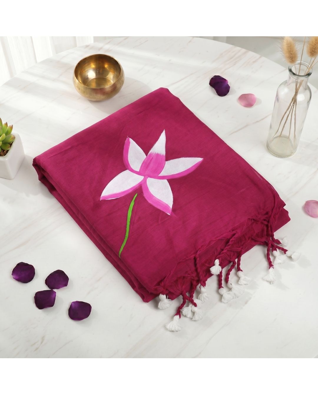 Khadi Lotus Hand Paint Saree - Dark Pink
