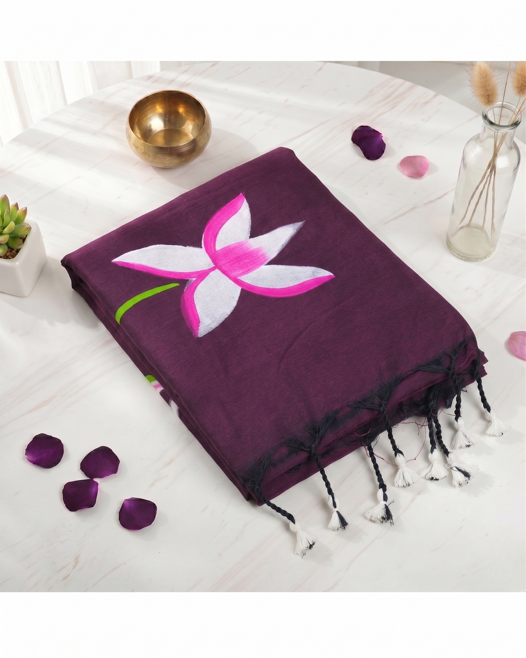 Khadi Lotus Hand Paint Saree - Dark Purple
