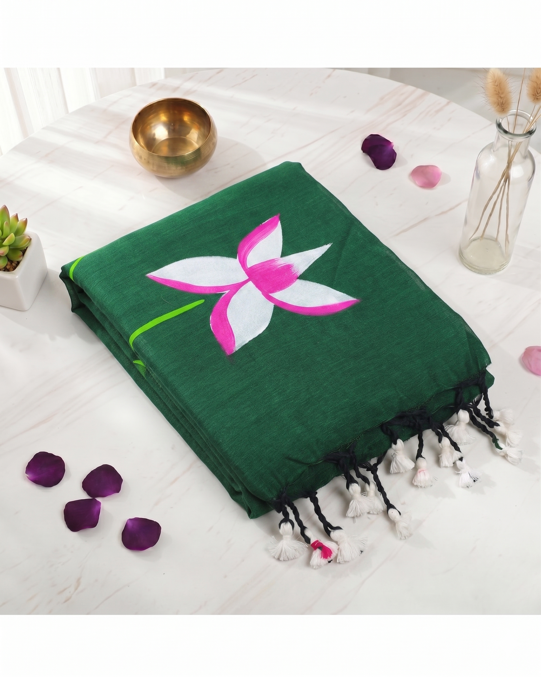 Khadi Lotus Hand Paint Saree - Green