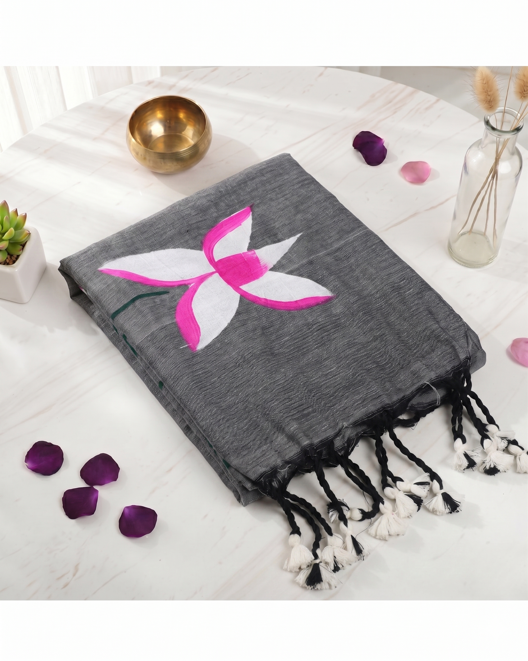 Khadi Lotus Hand Paint Saree - Grey