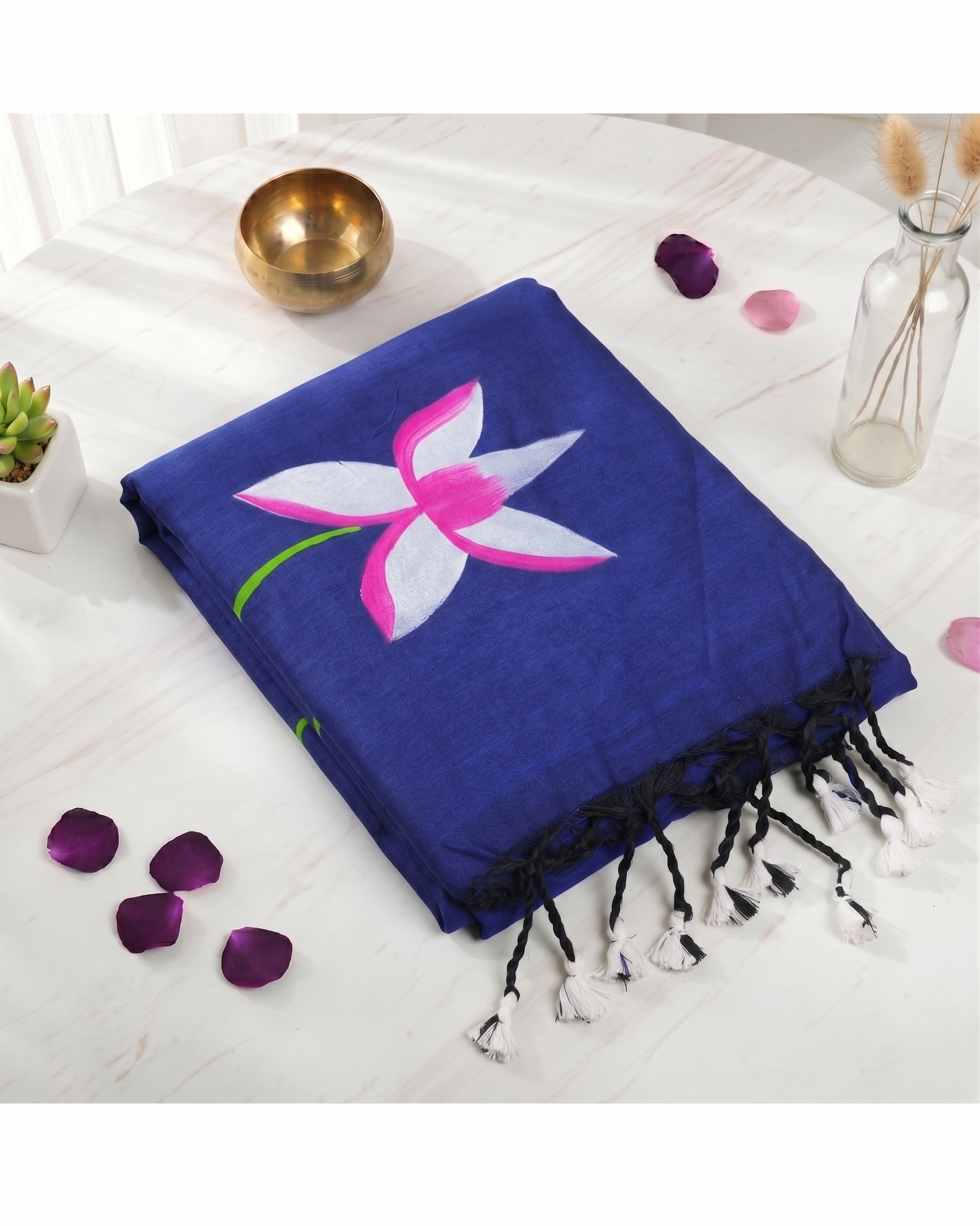 Khadi Lotus Hand Paint Saree - Ink Blue