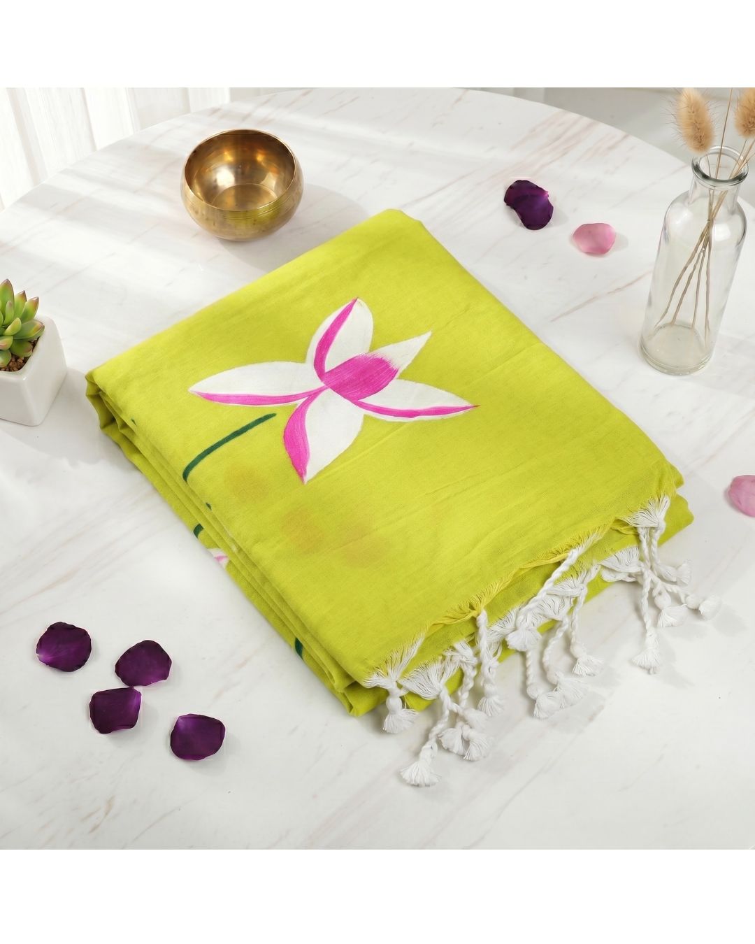 Khadi Lotus Hand Paint Saree - Lime Green
