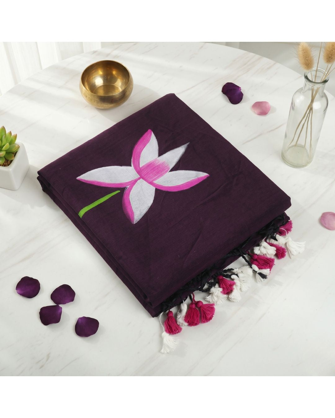 Khadi Lotus Hand Paint Saree - Maroon