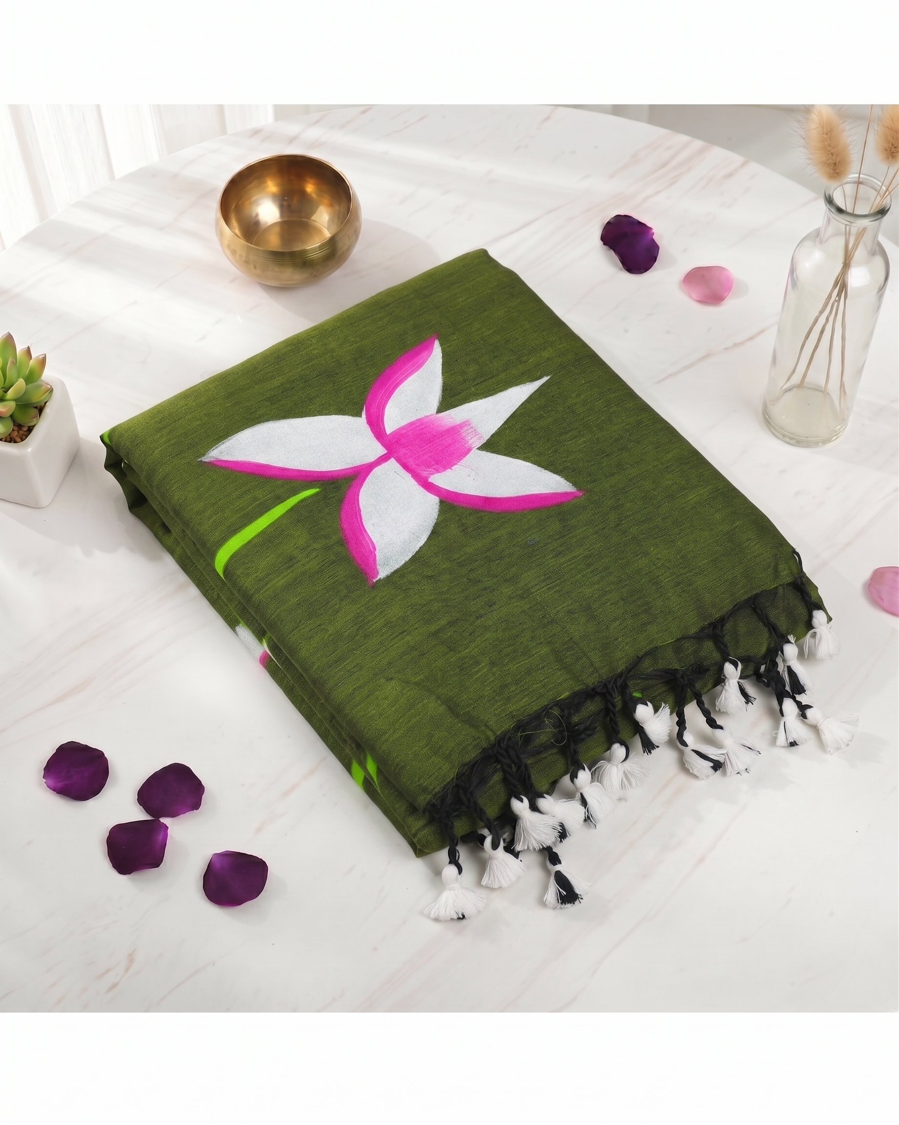 Khadi Lotus Hand Paint Saree - Mehandi Green