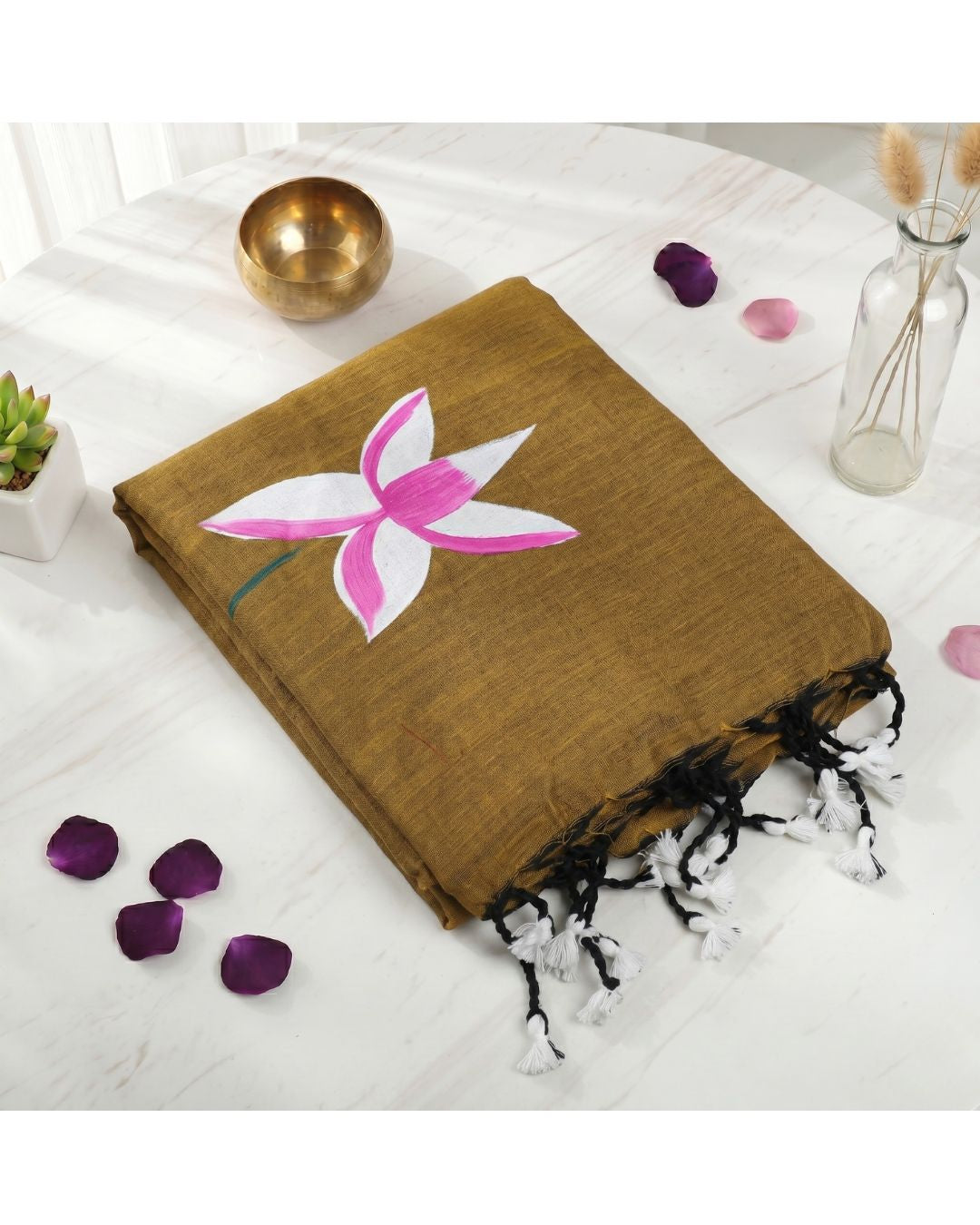 Khadi Lotus Hand Paint Saree - Mustard Yellow