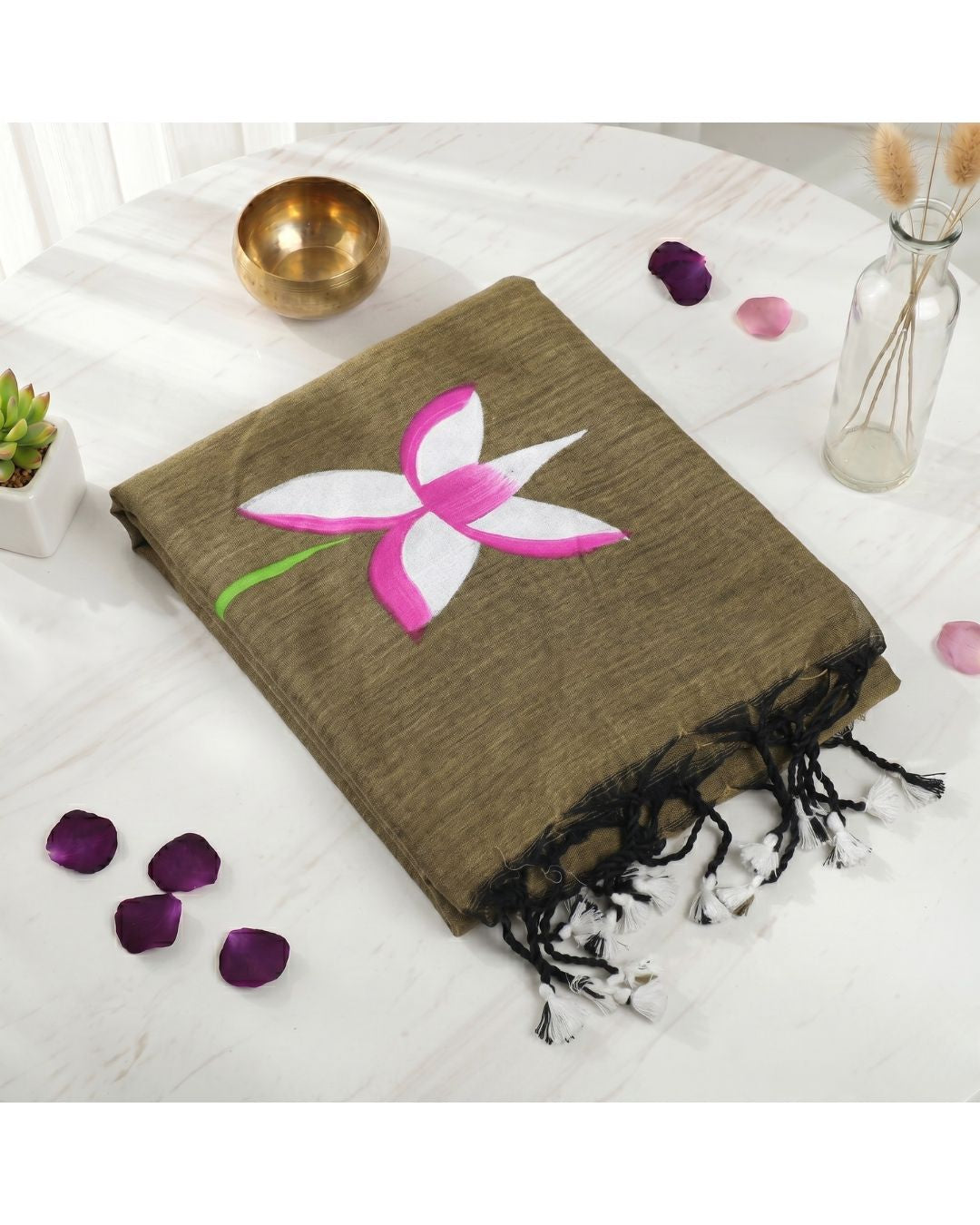 Khadi Lotus Hand Paint Saree - Olive Brown