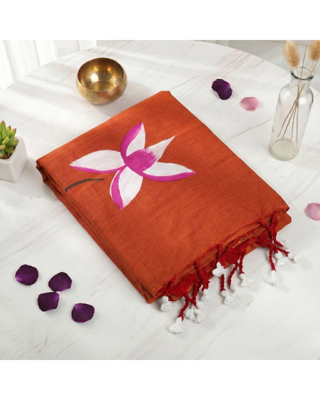 Khadi Lotus Hand Paint Saree - Orange