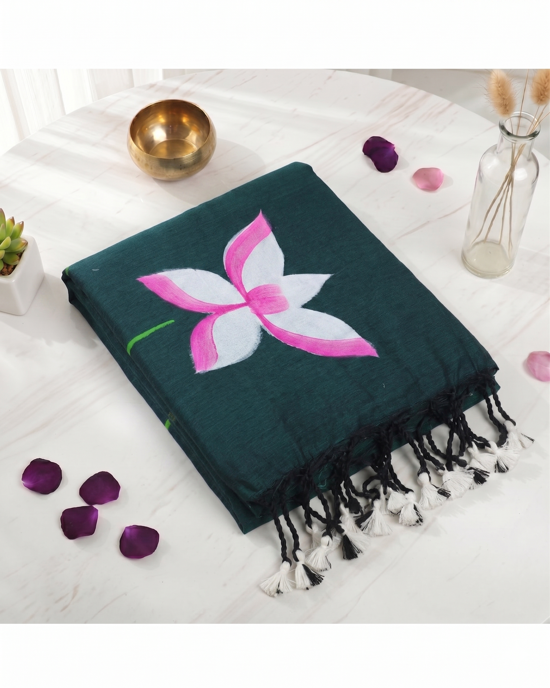 Khadi Lotus Hand Paint Saree - Peacock Green