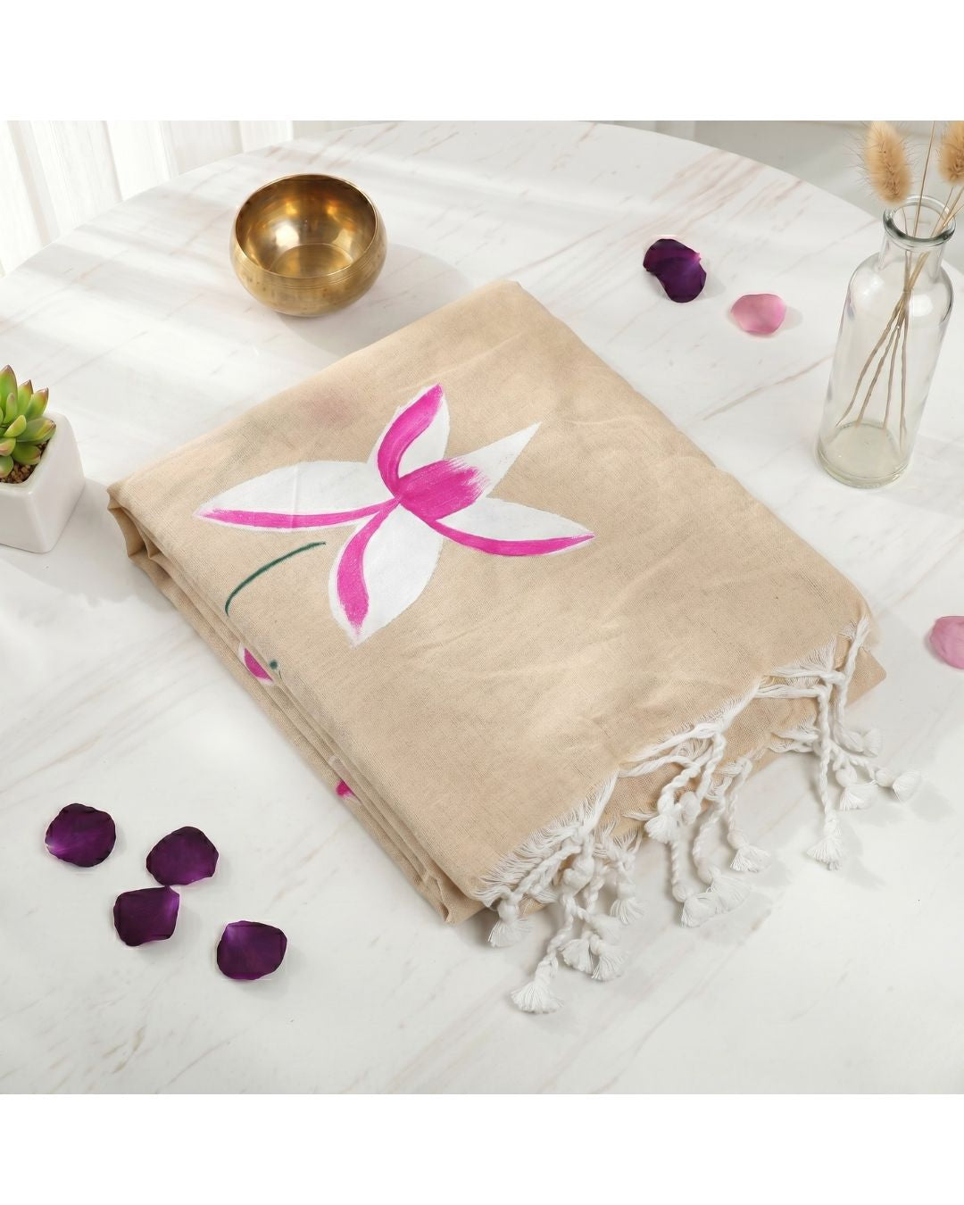 Khadi Lotus Hand Paint Saree - Sandal