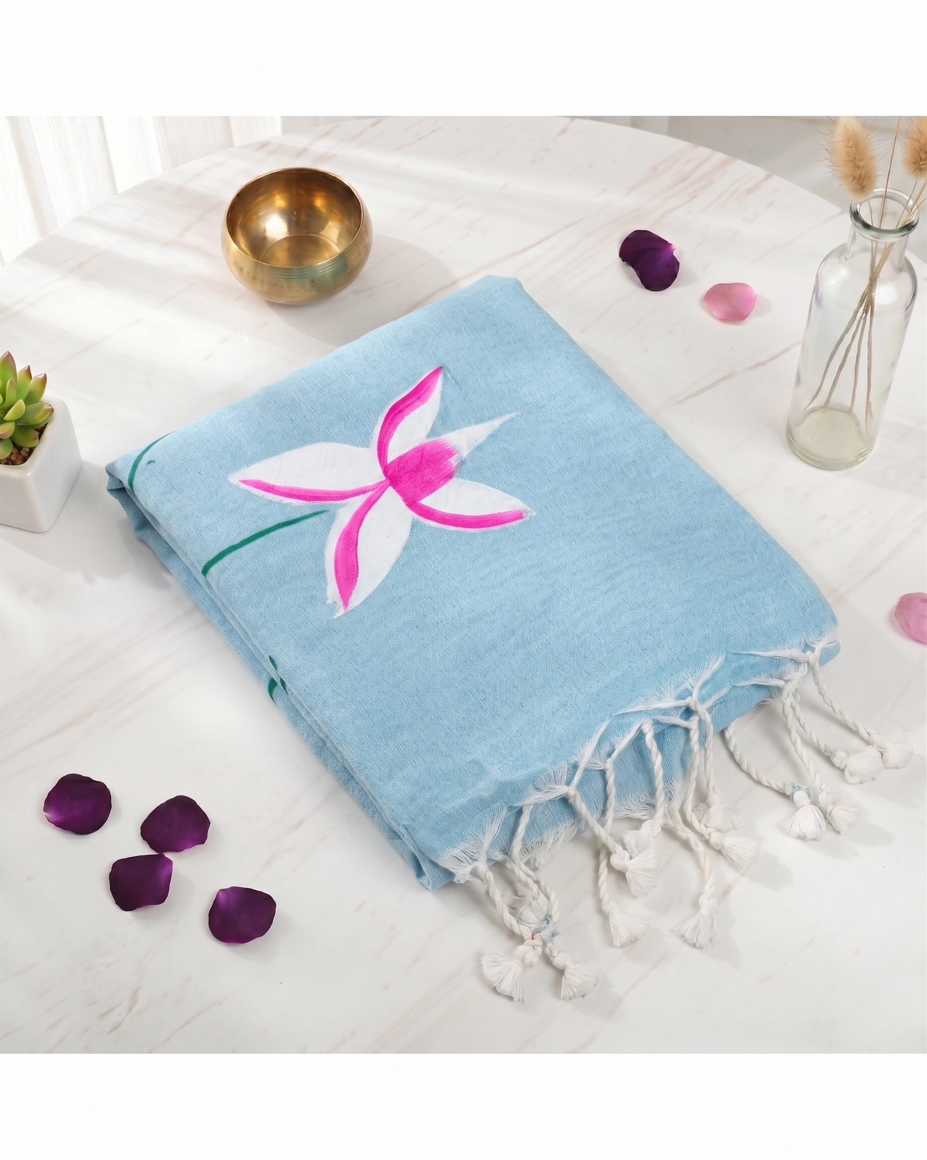 Khadi Lotus Hand Paint Saree - Sky blue