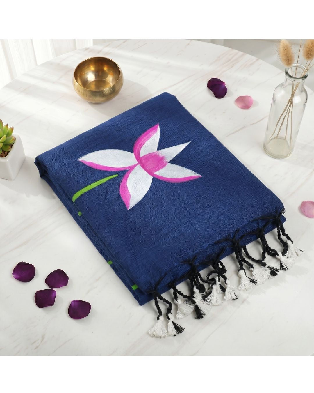 Khadi Lotus Hand Paint Saree - Teal Blue