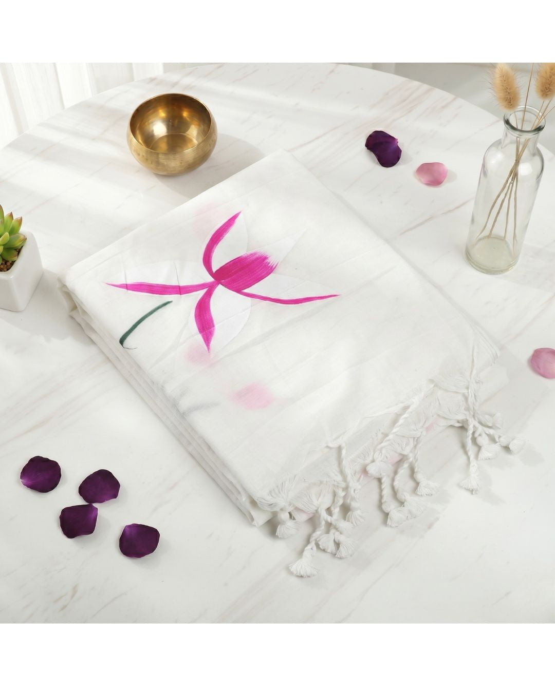 Khadi Lotus Hand Paint Saree - White