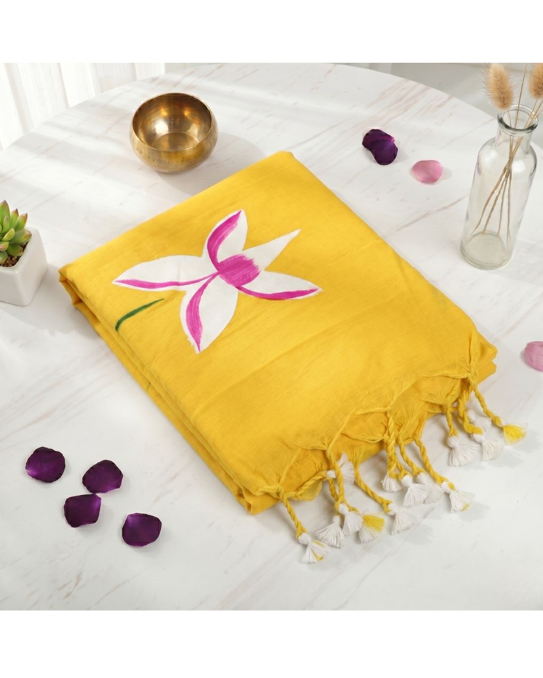 Khadi Lotus Hand Paint Saree - Yellow