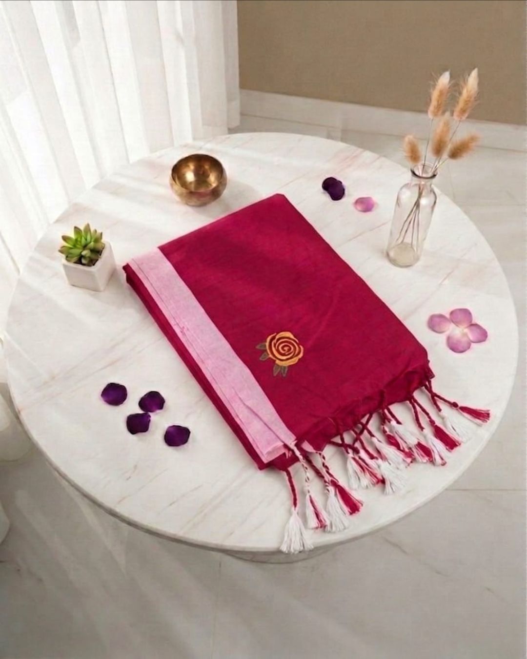 Khadi Rose Embroidery - Dark Pink