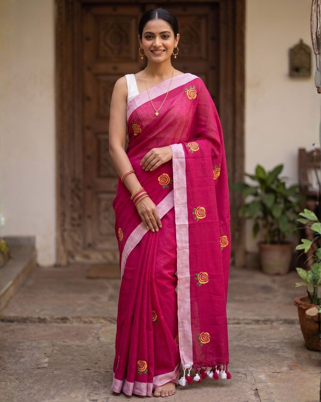 Khadi Rose Embroidery - Dark Pink
