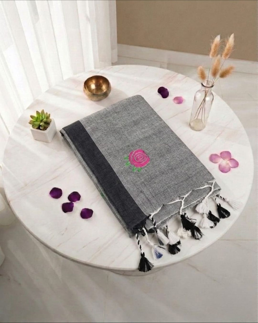 Khadi Rose Embroidery - Grey
