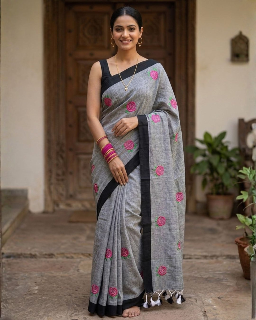 Khadi Rose Embroidery - Grey