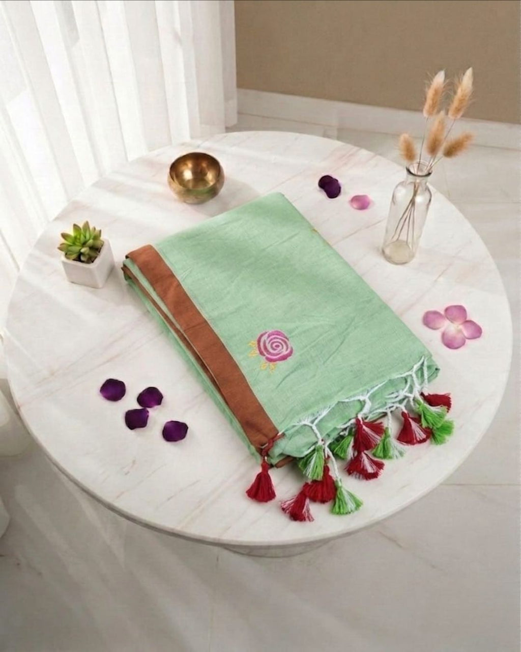 Khadi Rose Embroidery - Pista Green