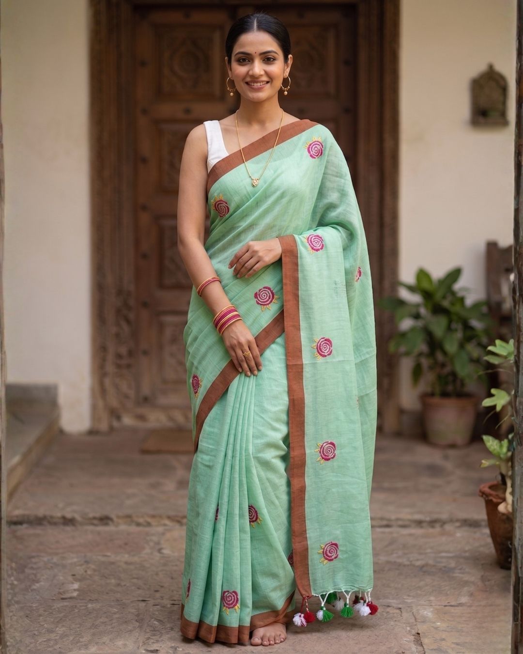 Khadi Rose Embroidery - Pista Green