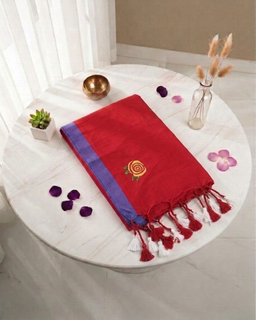 Khadi Rose Embroidery - Red