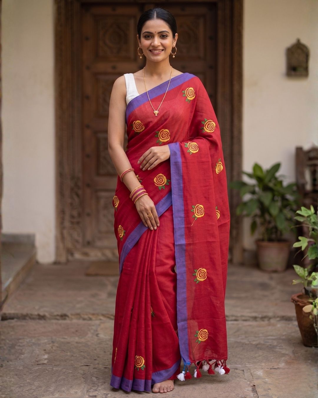 Khadi Rose Embroidery - Red