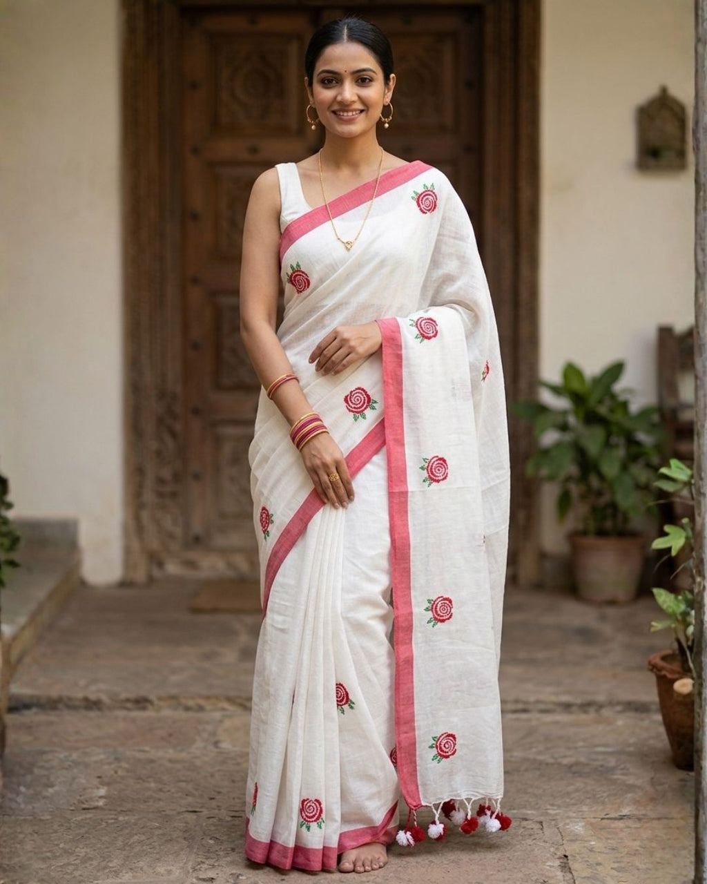 Khadi Rose Embroidery - White