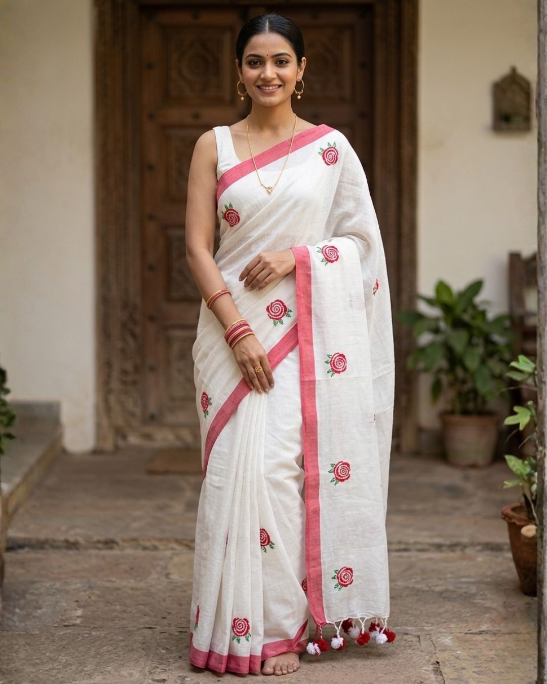 Khadi Rose Embroidery - White