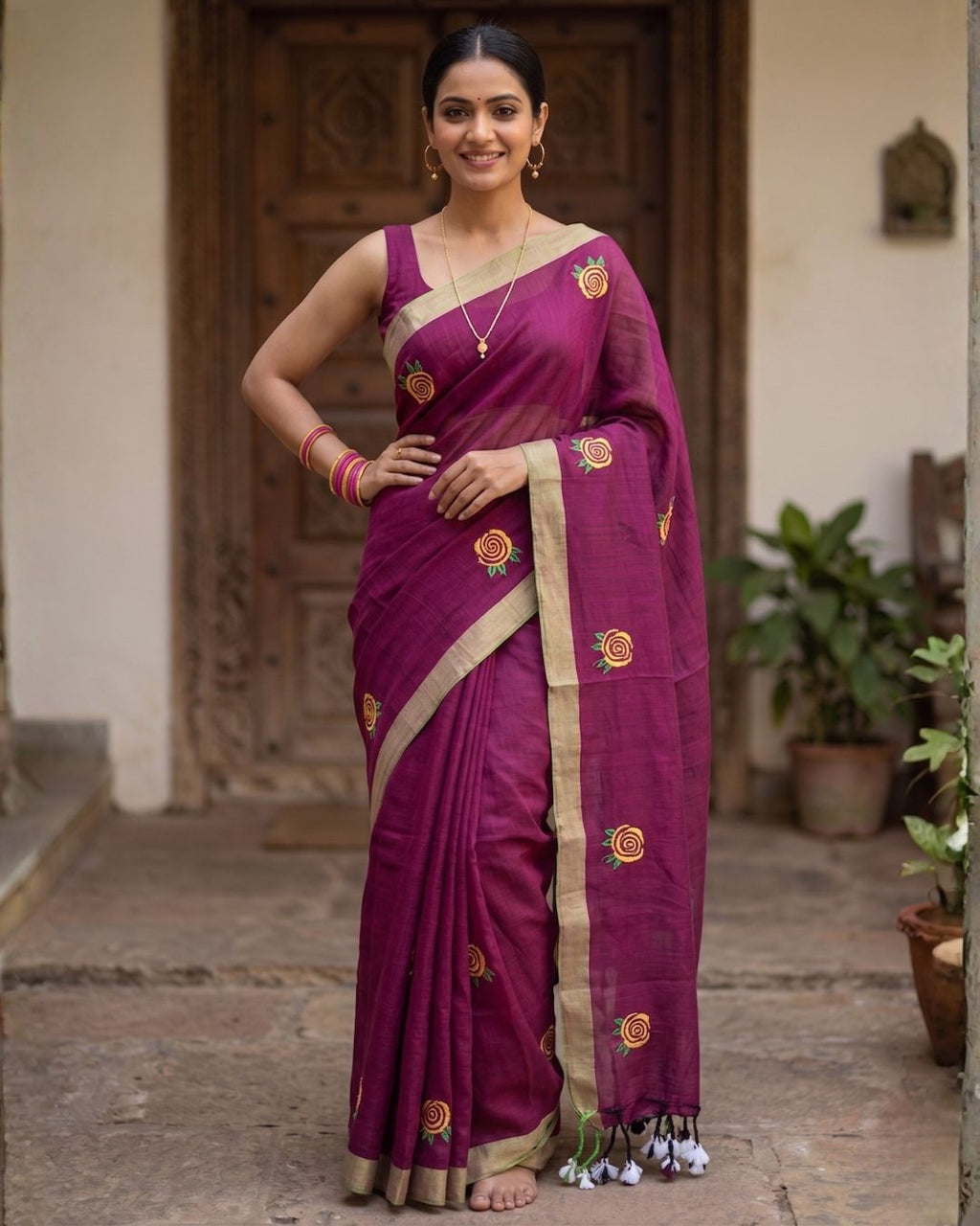 Khadi Rose Embroidery - Wine