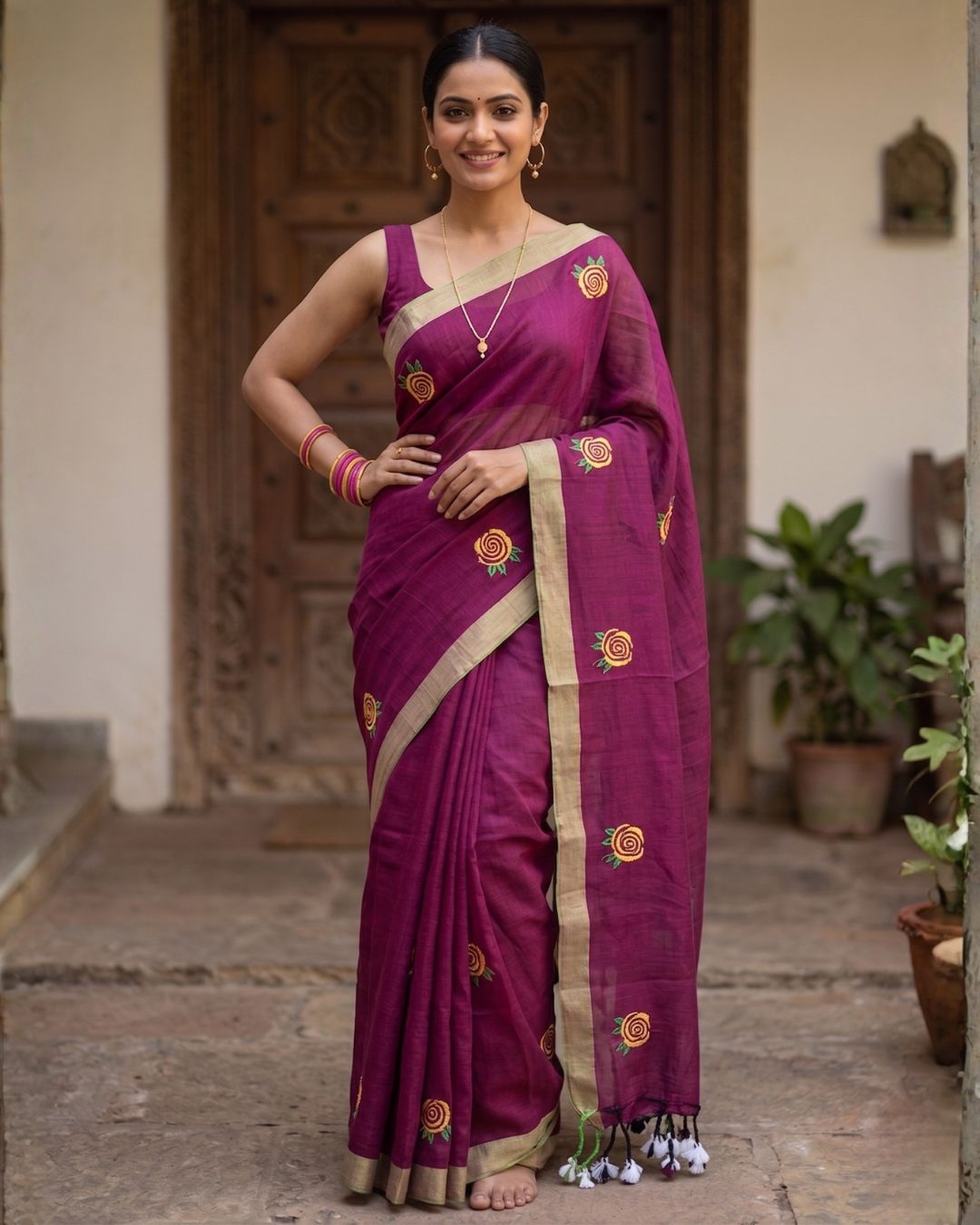 Khadi Rose Embroidery - Wine