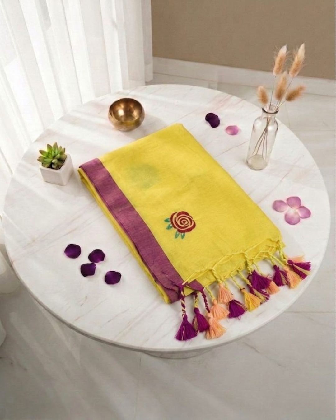 Khadi Rose Embroidery - Yellow