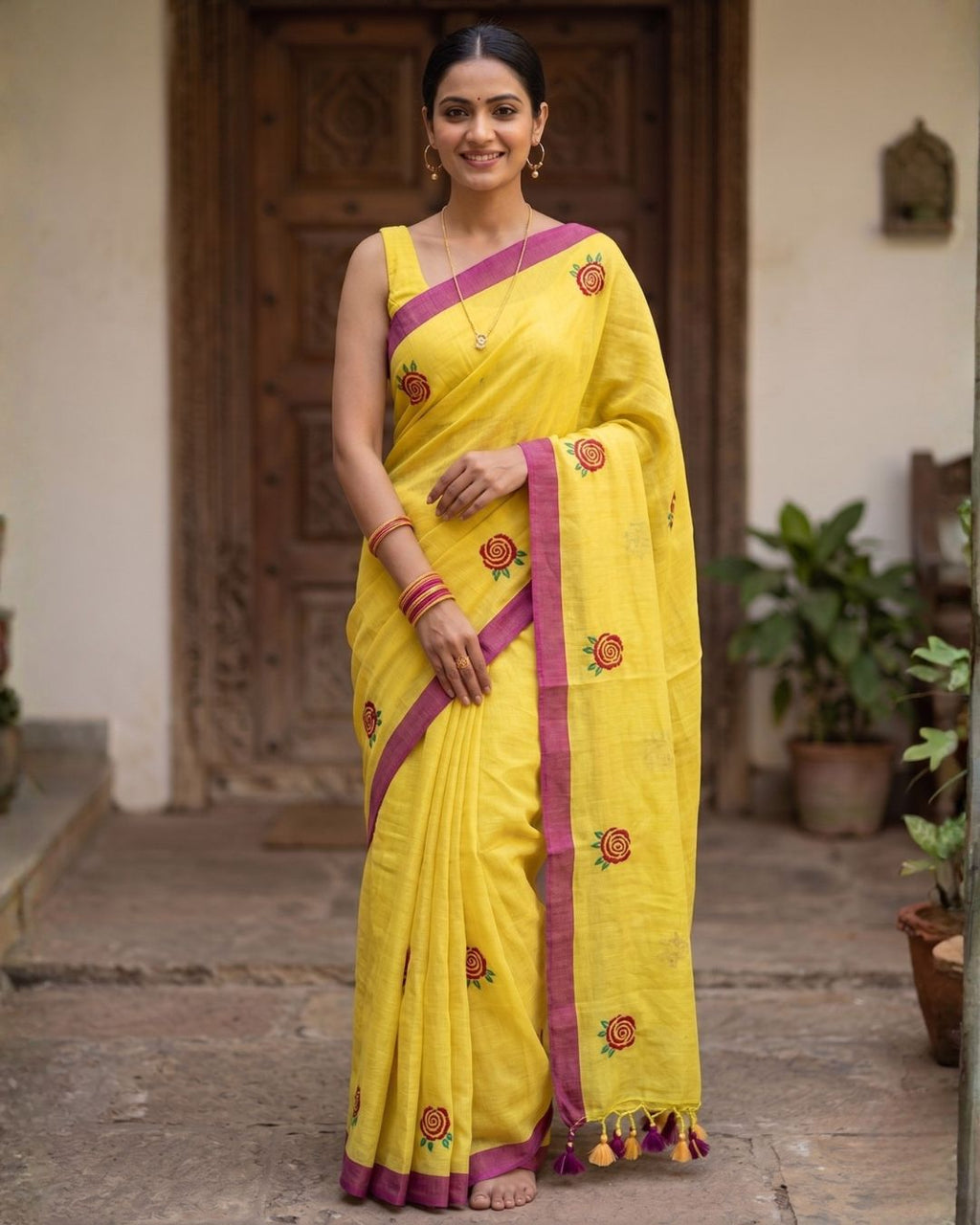Khadi Rose Embroidery - Yellow
