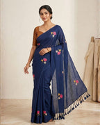 Khadi lotus embroidery -  Ink blue