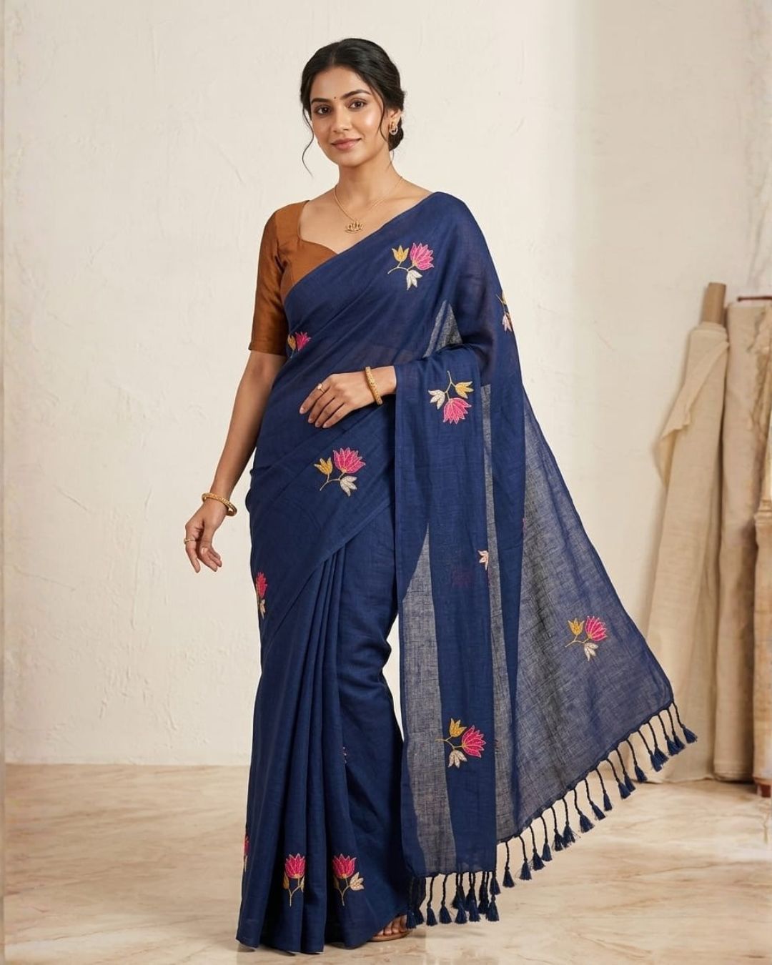 Khadi lotus embroidery -  Ink blue