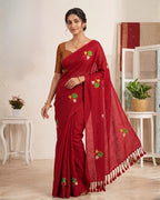 Khadi lotus embroidery saree - Red