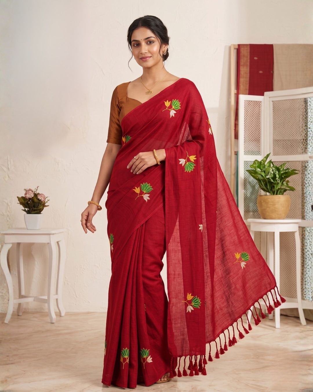 Khadi lotus embroidery saree - Red