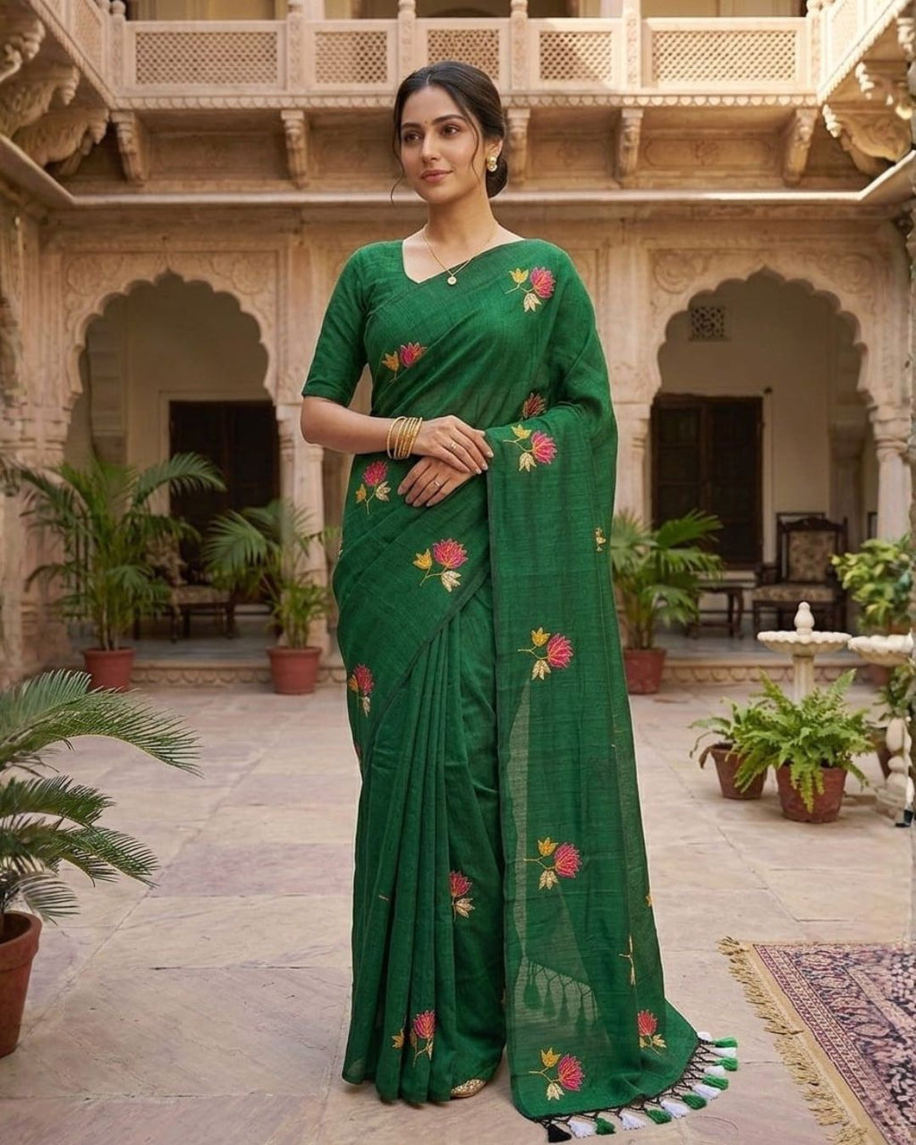 Khadi lotus embroidery -  Bottle green