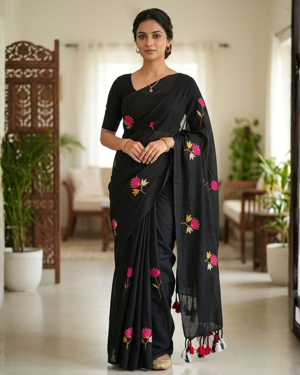 Khadi lotus embroidery -  Black